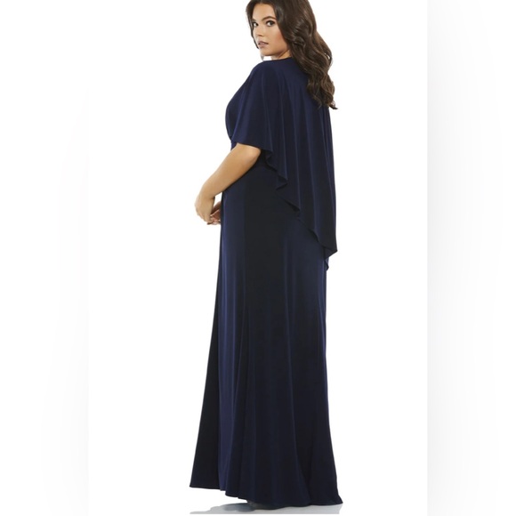 Mac Duggal Navy Blue Jersey Cape Sleeve Ruched A-Line Gown Size 18W $398 - Picture 2 of 6